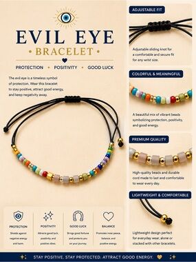 Evil Eye Multicolor Beaded Bracelet - Adjustable Protection Bracelet